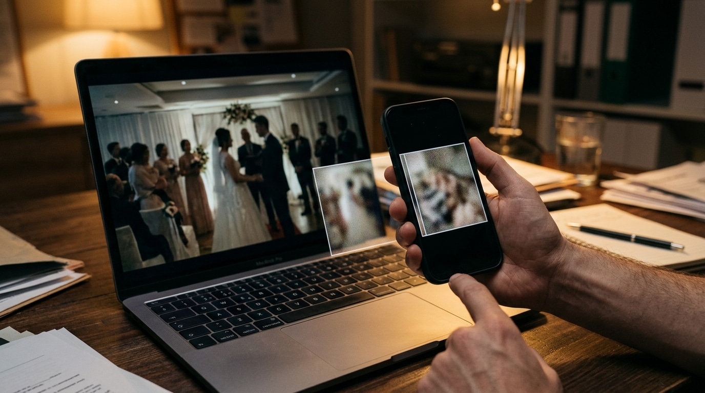 Vidéo de mariage figée sur un écran d'ordinateur