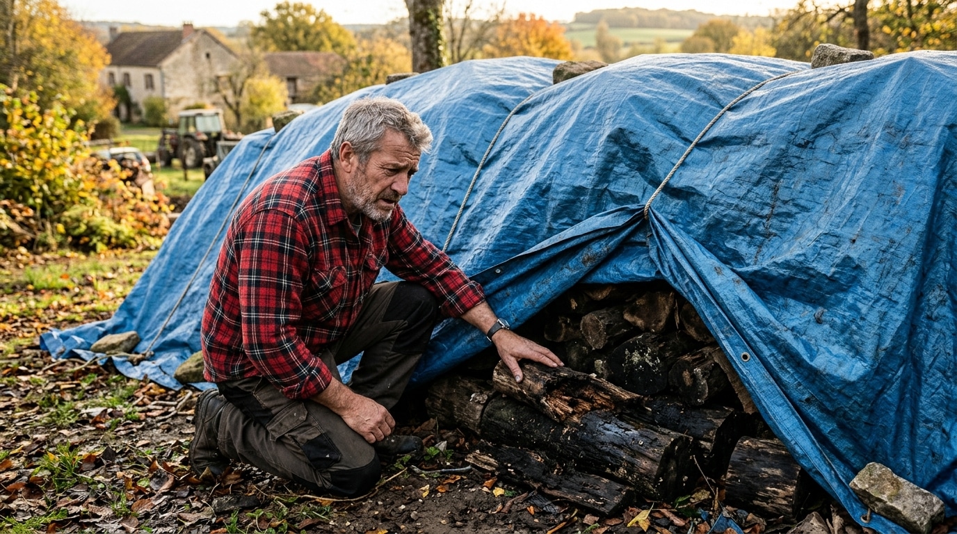 Homme inquiet devant un tas de bois bâché entièrement moisi