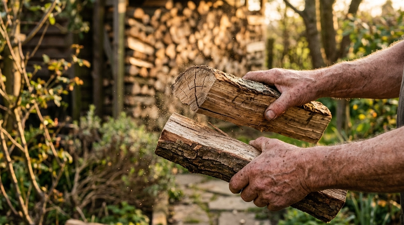 Test du son et du poids sur deux bûches de bois de chauffage