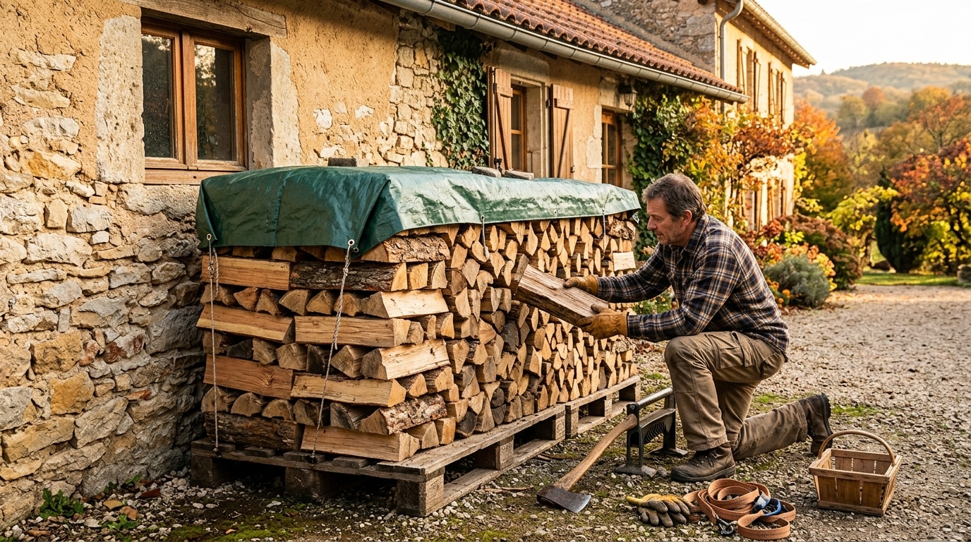 Bois de chauffage bien stocké sur palettes avec bâche partielle