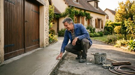 Homme inspectant une dalle en béton devant son garage