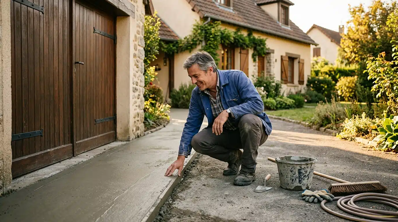 Homme inspectant une dalle en béton devant son garage