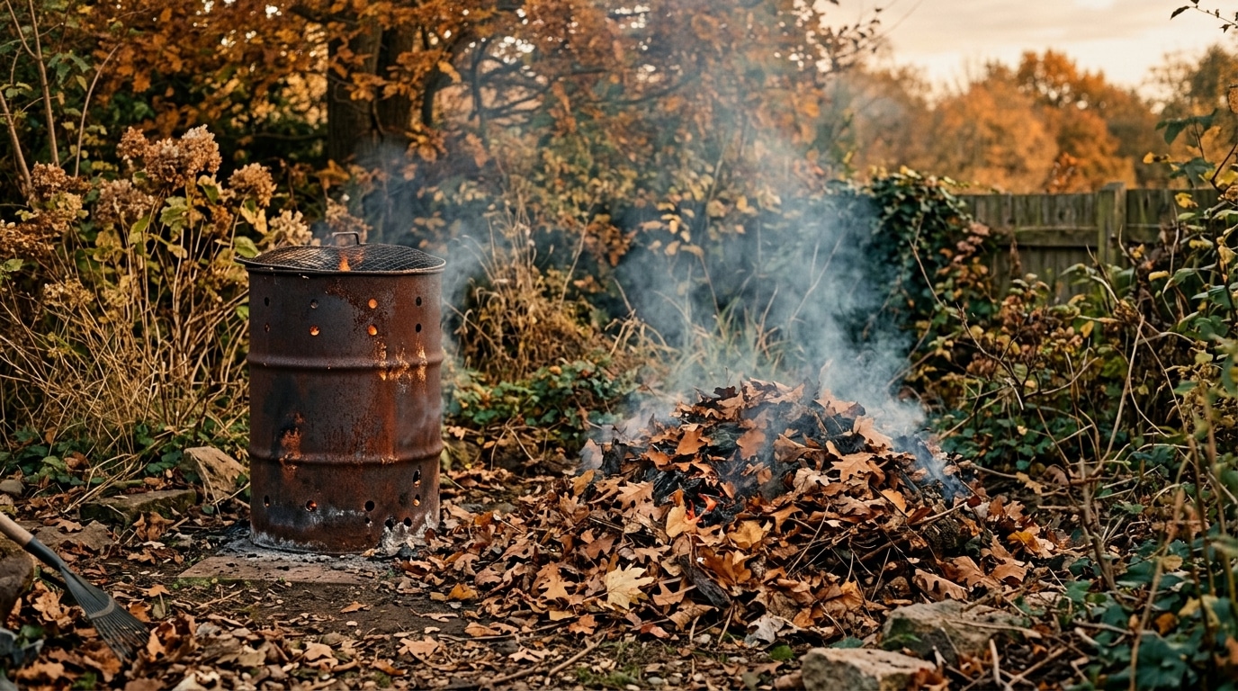 Tas de feuilles mortes fumant près d'un incinérateur métallique