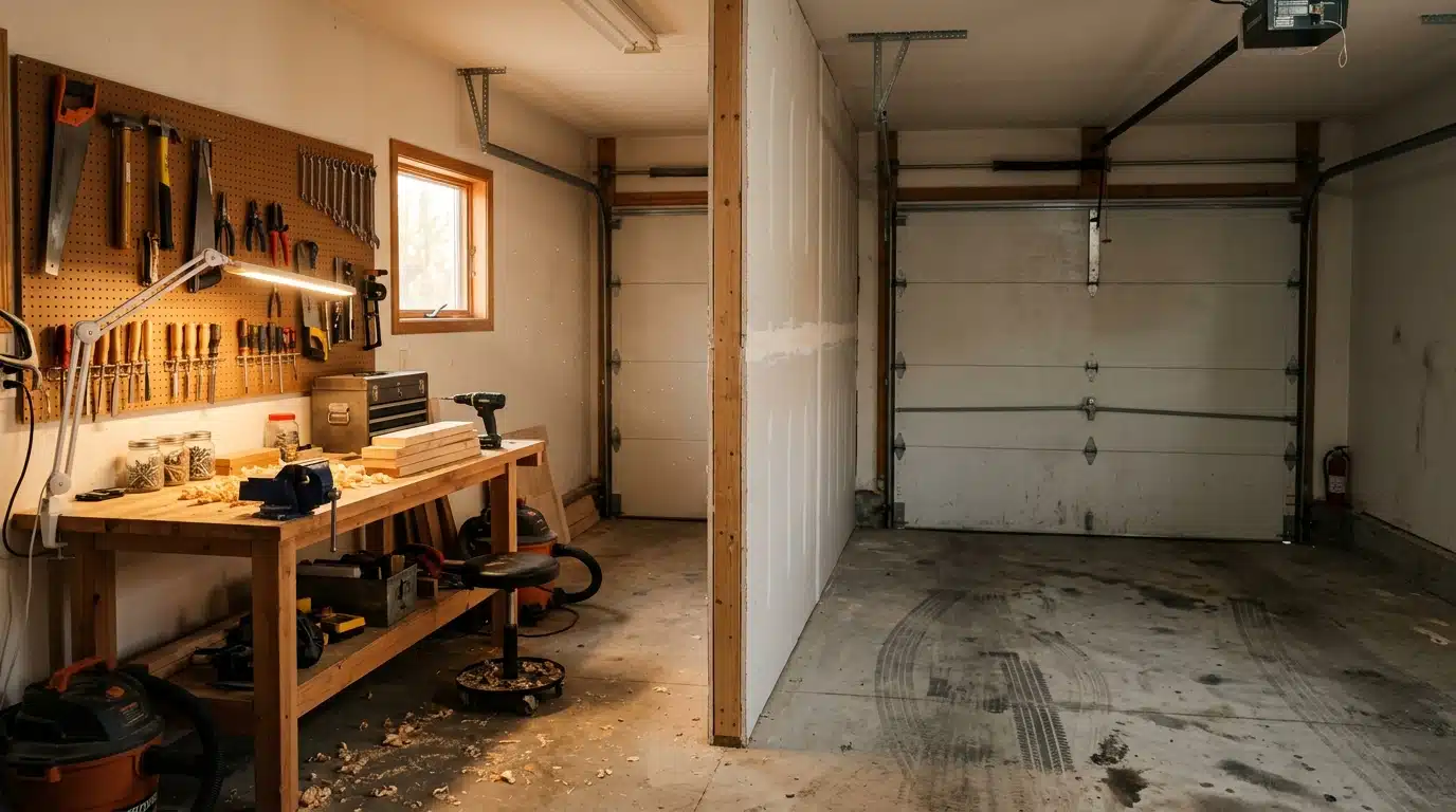 Garage cloisonné avec atelier de bricolage aménagé