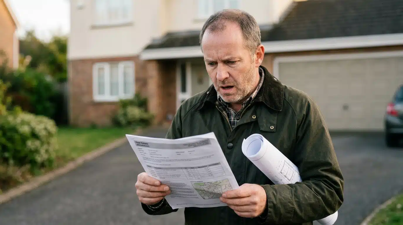 Homme tenant des documents devant une maison