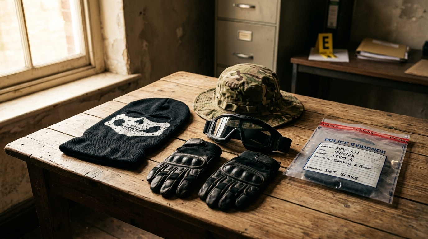 Gants tactiques, cagoule et lunettes saisis en preuve