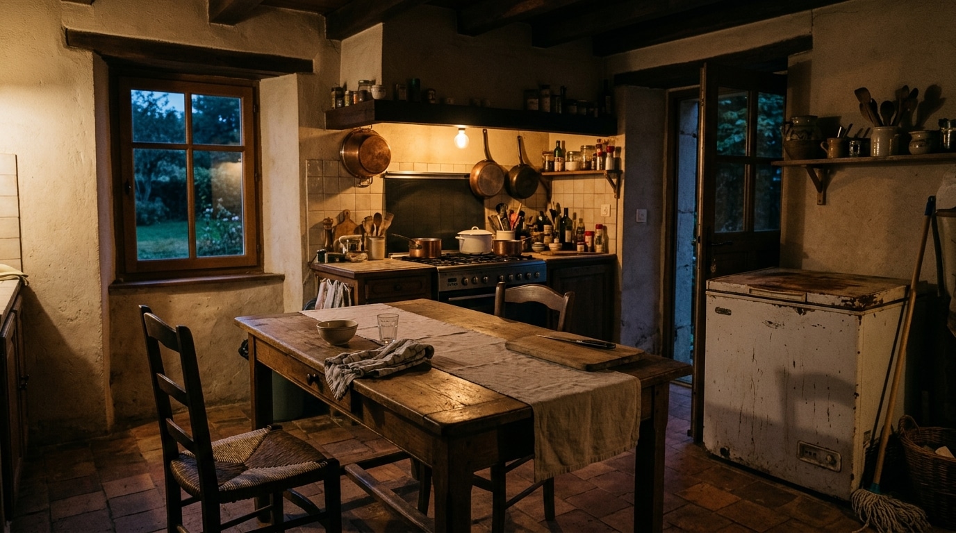 Congélateur dans une cuisine familiale sombre