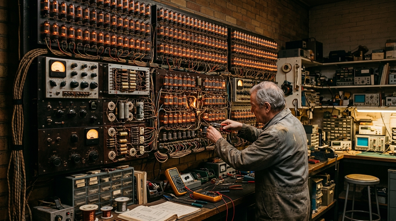 Mur de tubes à vide vintage formant un ordinateur