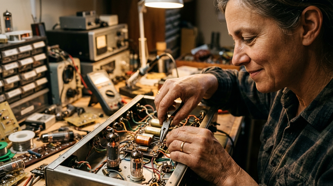 Mains ajustant le câblage d'un module électronique ancien