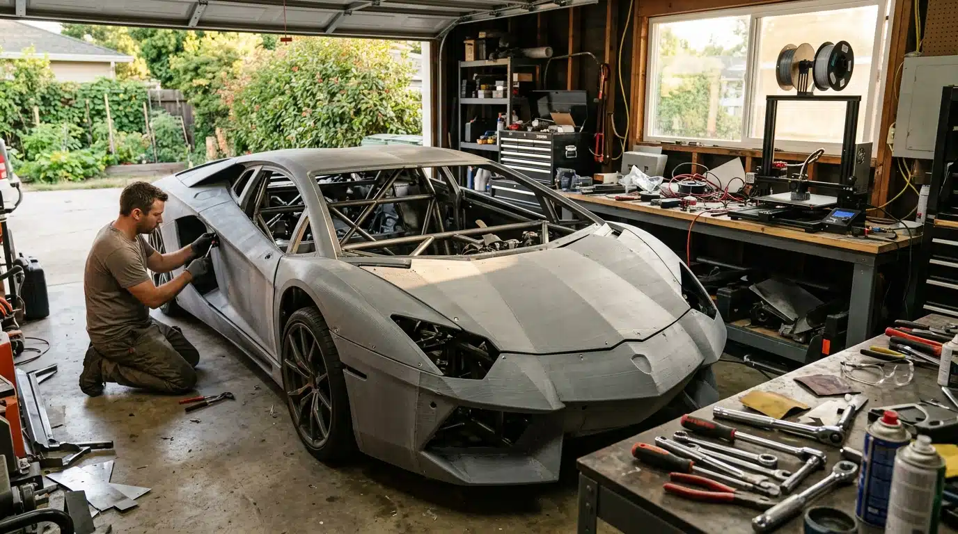 Carrosserie de Lamborghini imprimée en 3D dans un garage