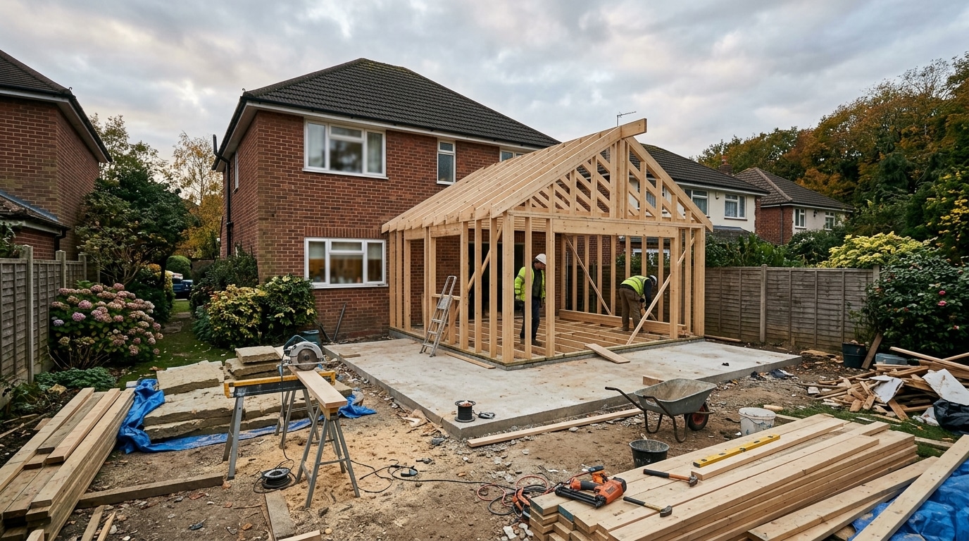 Extension de maison en chantier avec dalle et ossature bois