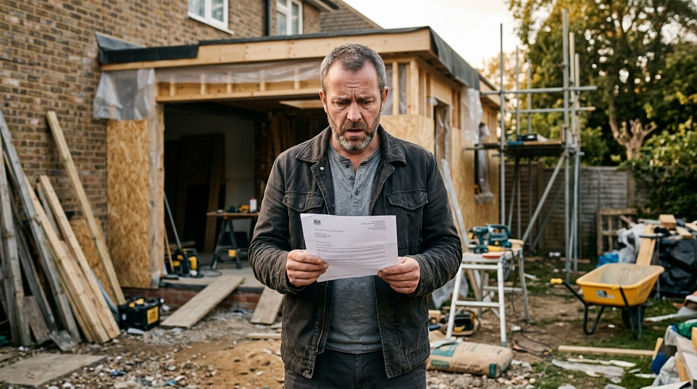 Homme inquiet tenant un courrier devant un chantier arrêté