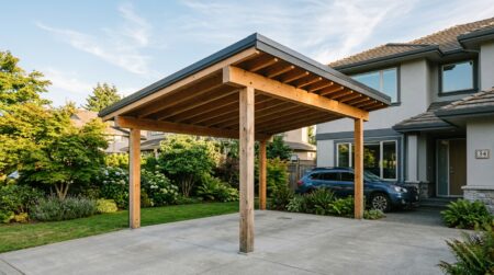 Carport ouvert sur dalle béton devant une maison