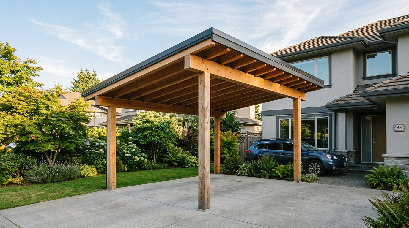 Carport ouvert sur dalle béton devant une maison