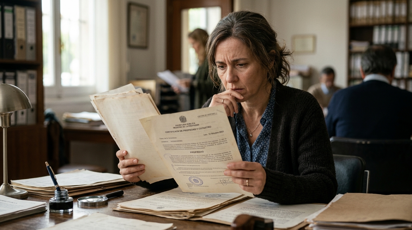 Personne consultant des documents cadastraux chez le notaire