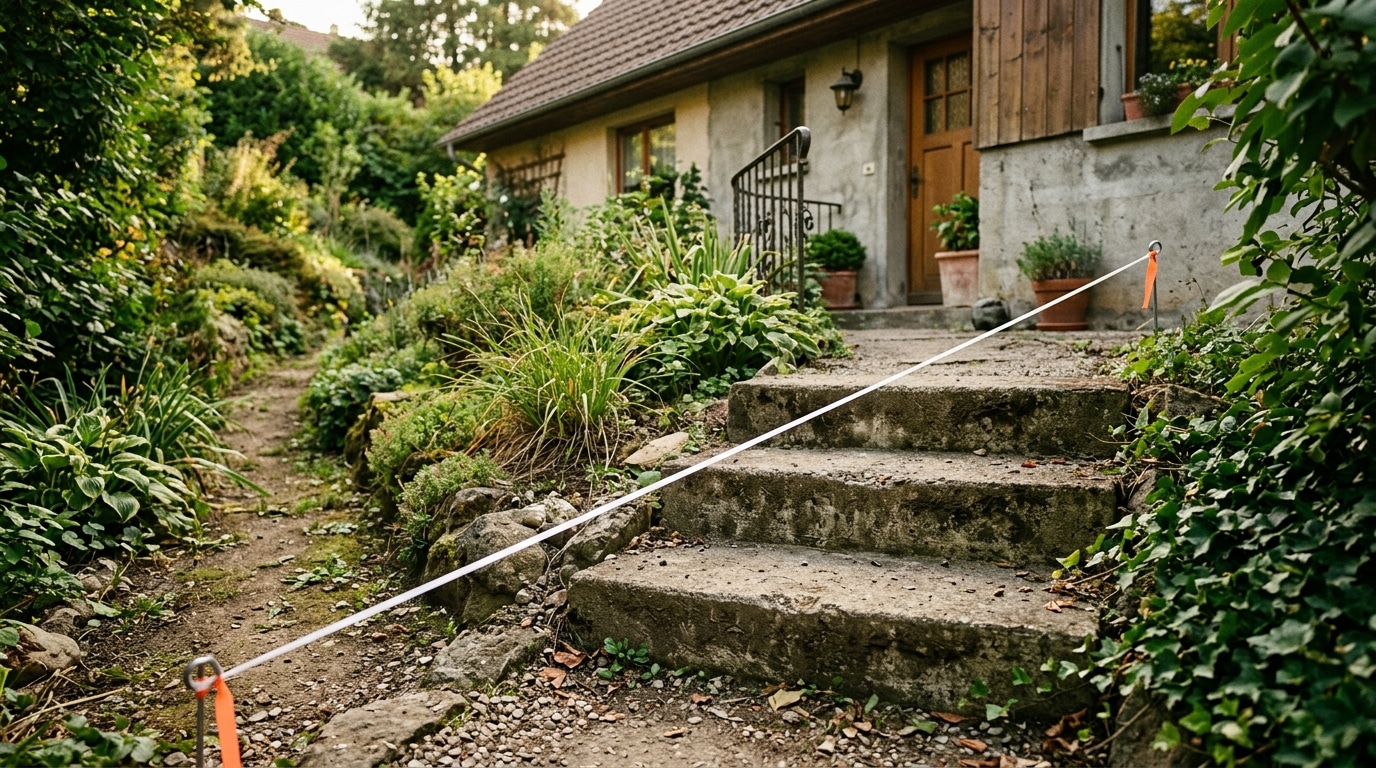 Perron en béton avec cordeau de géomètre tendu au sol