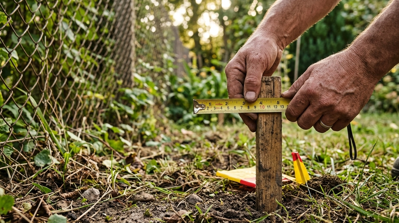 Mains d'un géomètre mesurant une limite de terrain