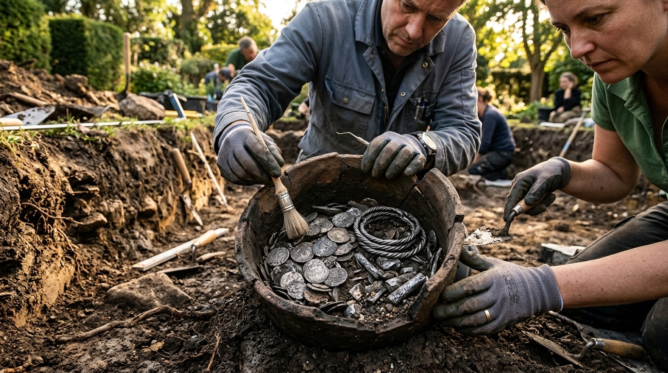 Fouille archéologique d'un trésor d'argenterie viking enterré