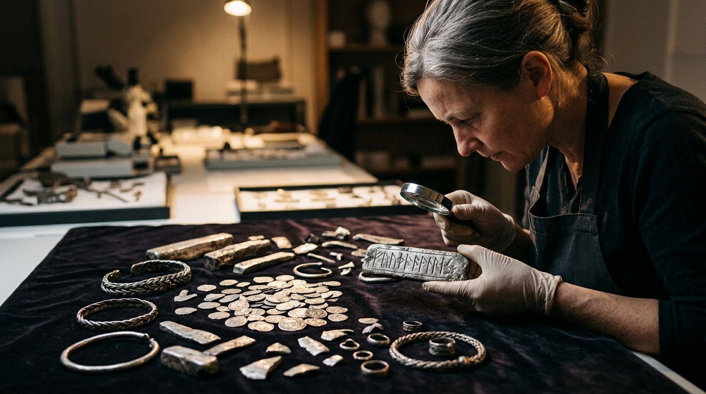 Expert examinant une barre d'argent viking gravée de runes