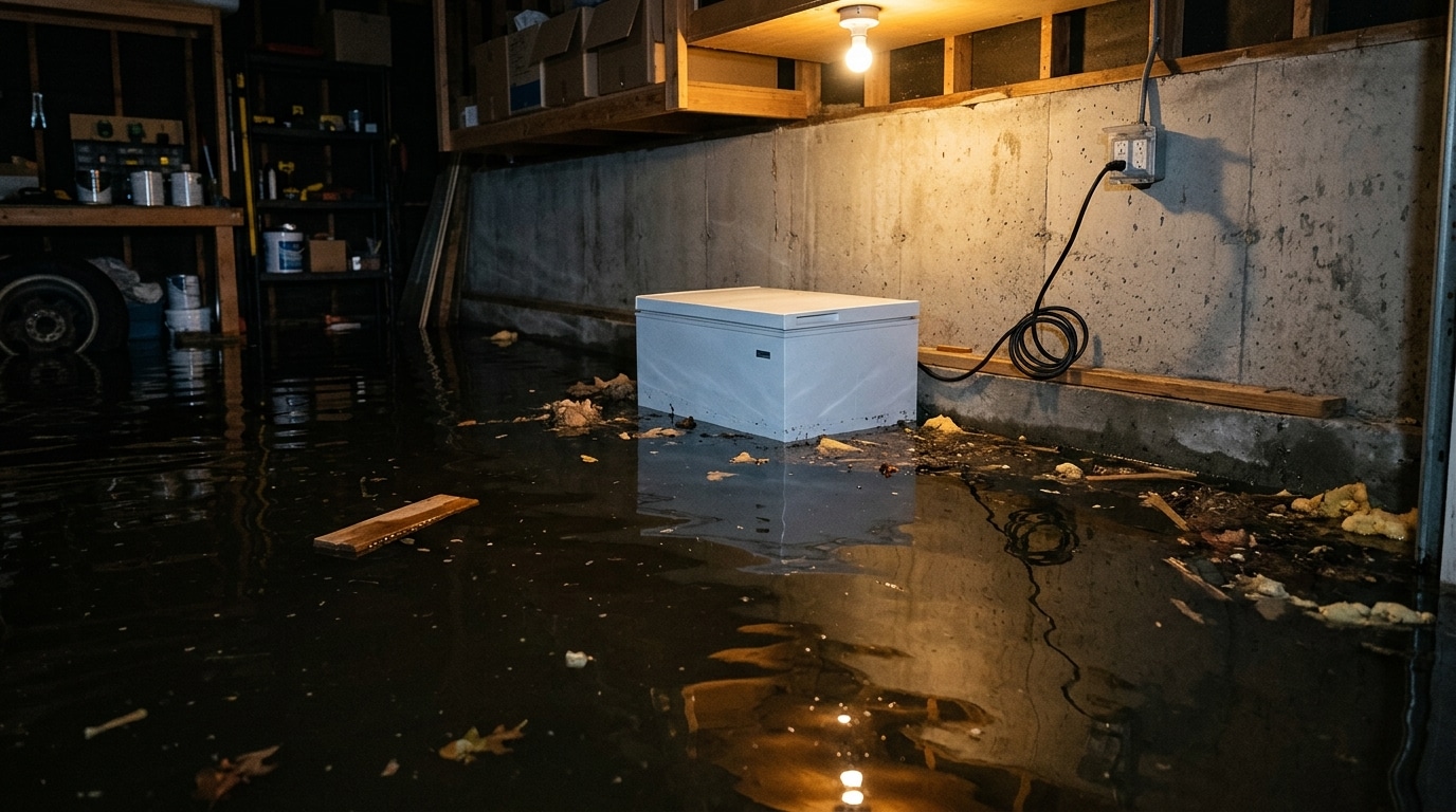 Garage inondé la nuit avec congélateur et prise électrique