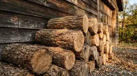 Pile de bûches empilées contre un mur de garage