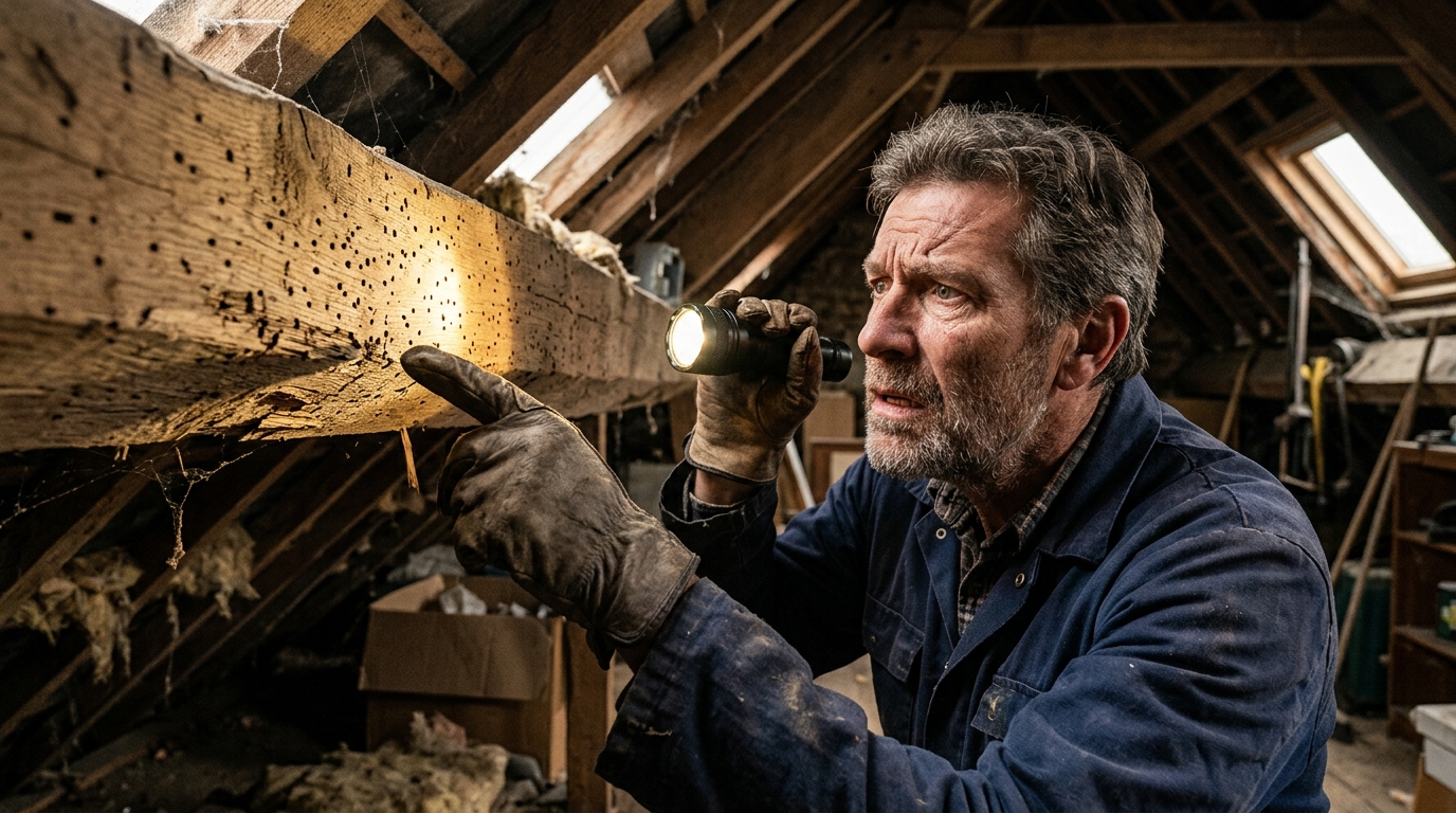 Charpentier examinant une poutre en bois vermoulue