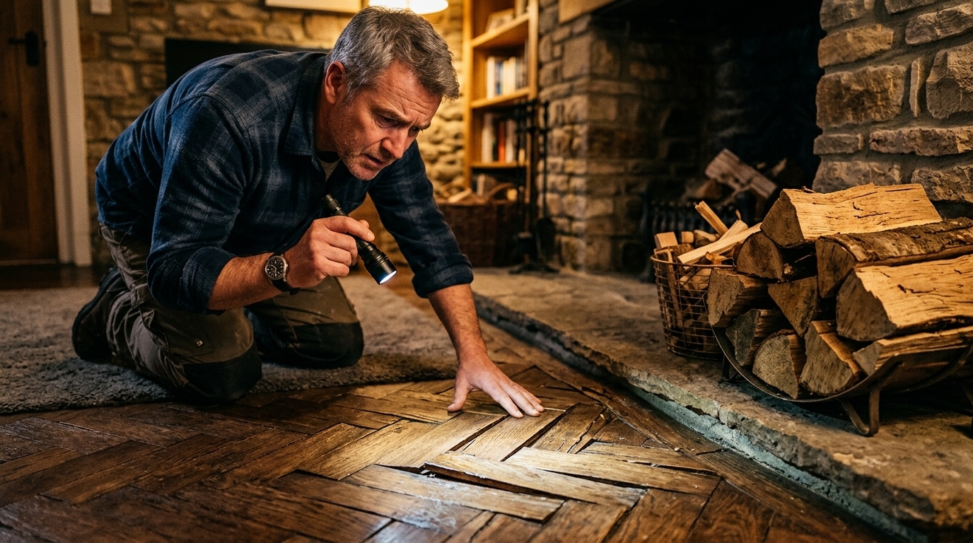 Parquet gondolé à cause de bûches stockées à l'intérieur