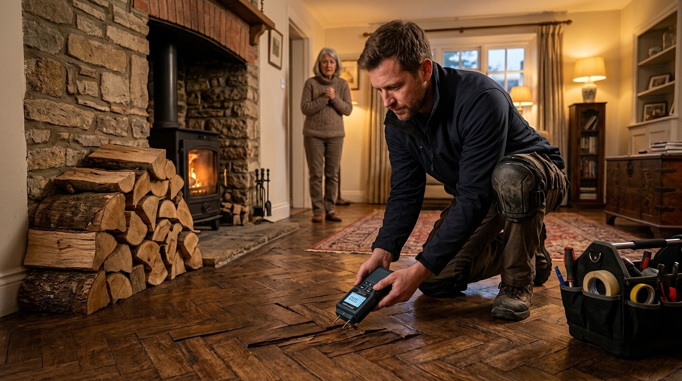 Artisan mesurant l'humidité du parquet près du bois de chauffage