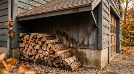 Bûches de bois empilées contre un mur humide de garage
