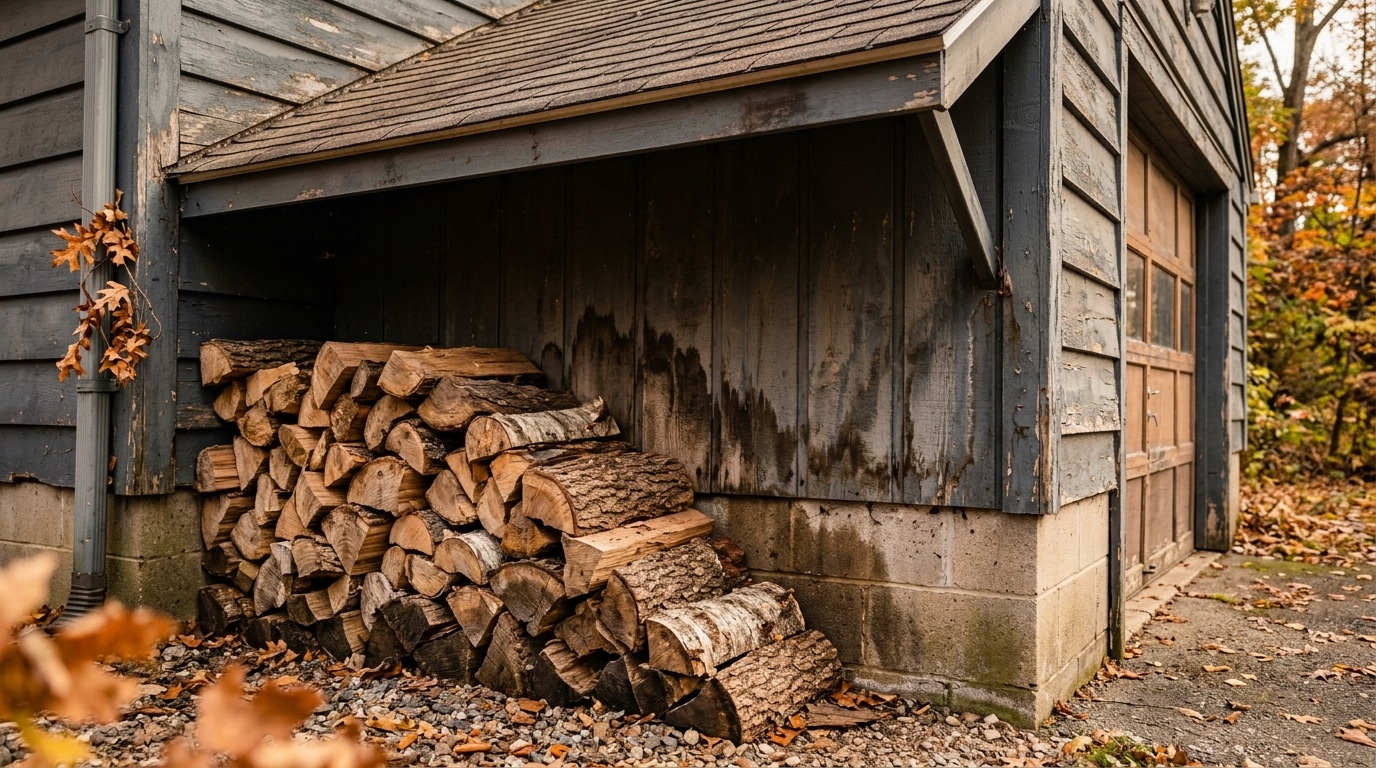 Bûches de bois empilées contre un mur humide de garage