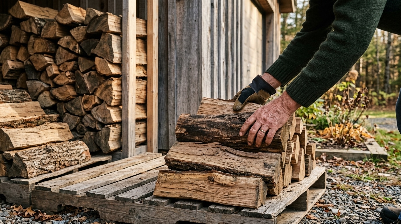 Mains réorganisant du bois sur palettes au garage