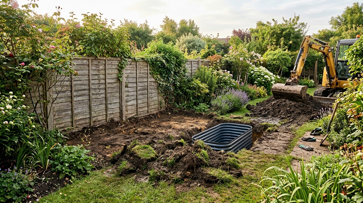 Cuve enterrée visible dans un trou de jardin fraîchement creusé