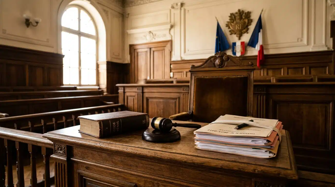 Banc vide de tribunal avec livre et marteau de justice