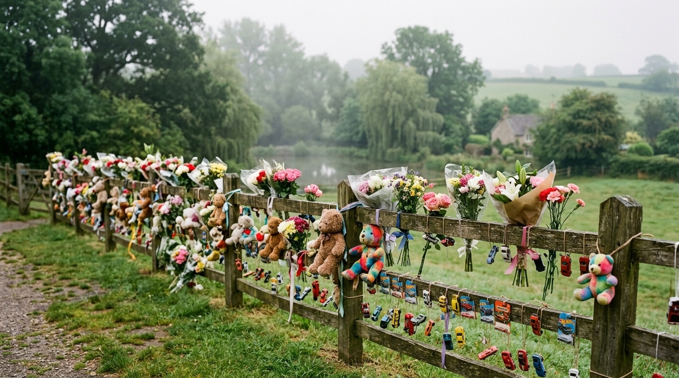 Fleurs et peluches déposées contre une clôture de parc