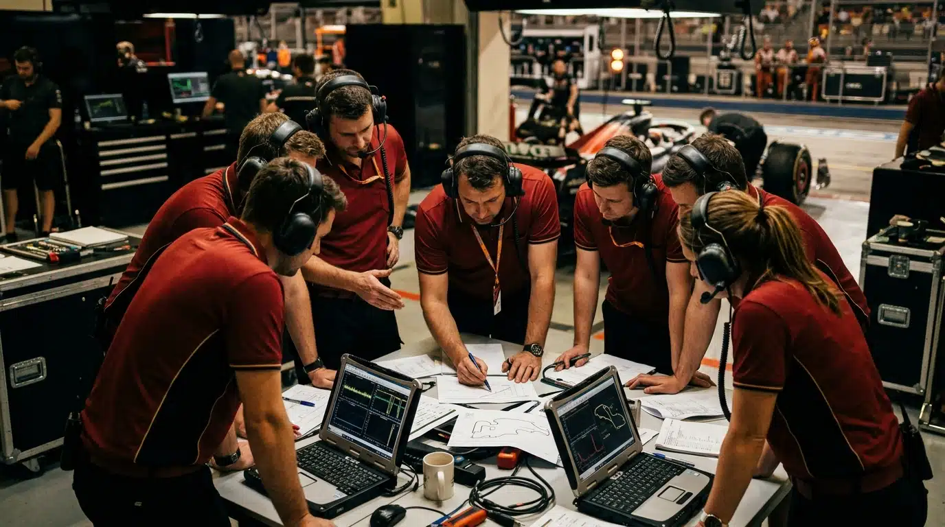 Réunion tendue dans un garage d'écurie de course