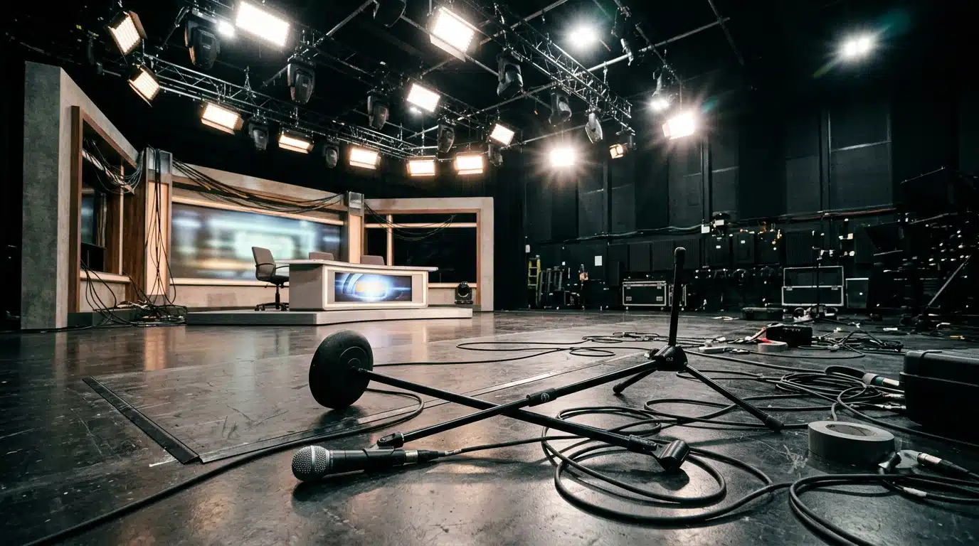 Plateau de télévision vide avec un pied de micro tombé au sol