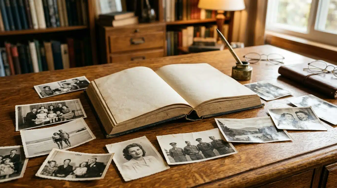 Livre ancien ouvert avec photographies éparpillées sur un bureau