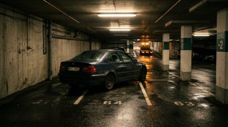 Voiture garée de nuit sur une place de parking privée