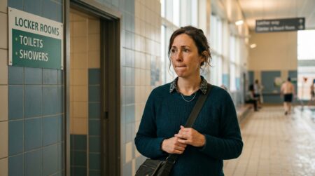Parent inquiet devant des vestiaires de piscine