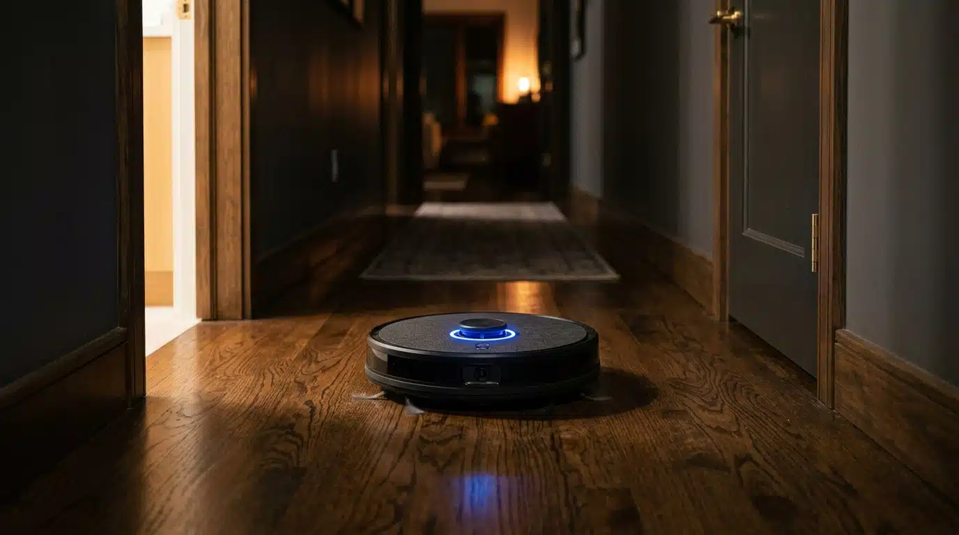 Robot aspirateur avec caméra dans couloir sombre