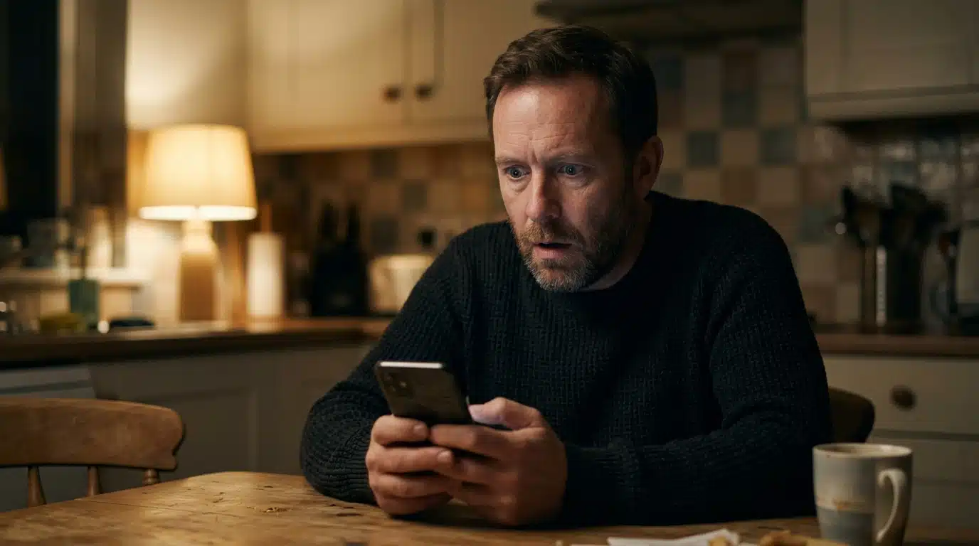 Homme choqué regardant son téléphone la nuit