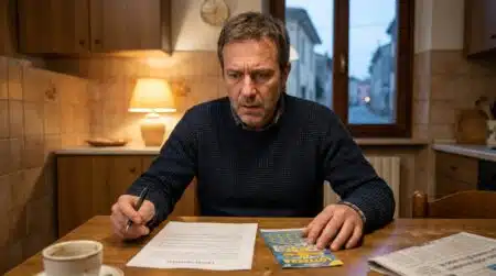 Homme fixant un ticket de loto et un document juridique