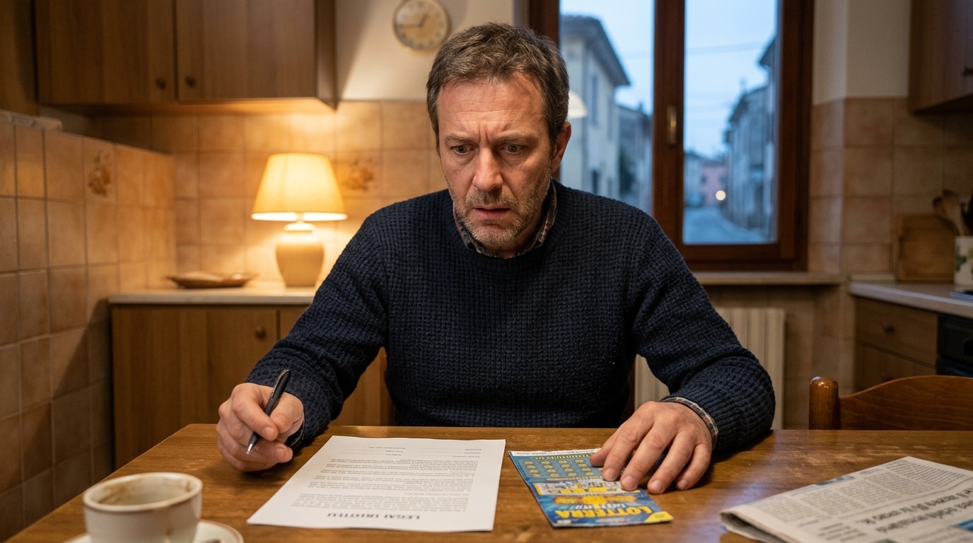 Homme fixant un ticket de loto et un document juridique
