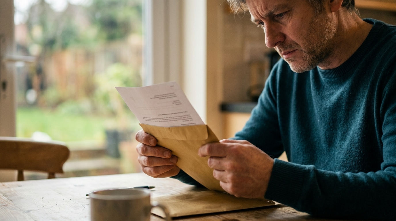 Homme inquiet lisant une mise en demeure recommandée