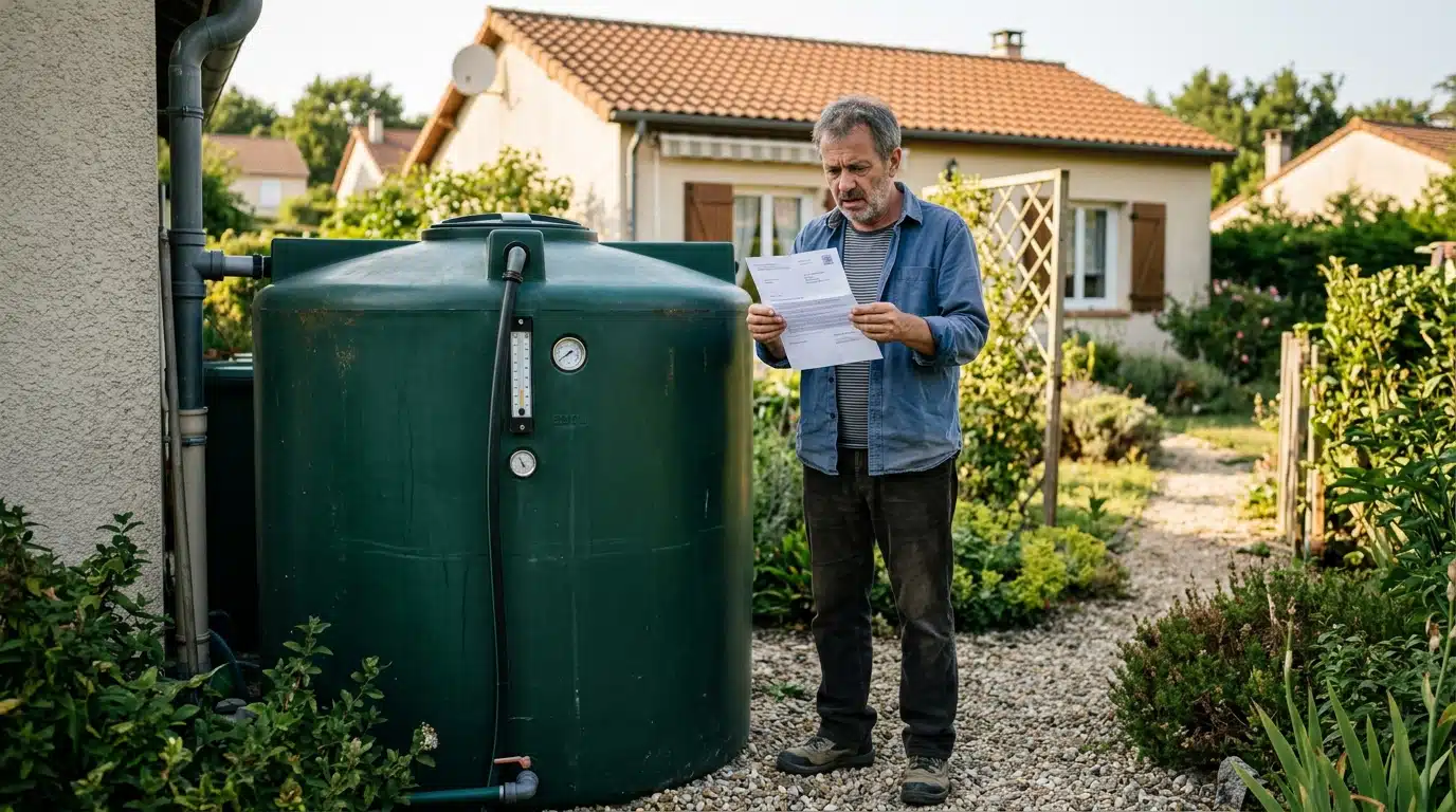 Homme inquiet près de sa cuve d'eau de pluie de 5000 litres
