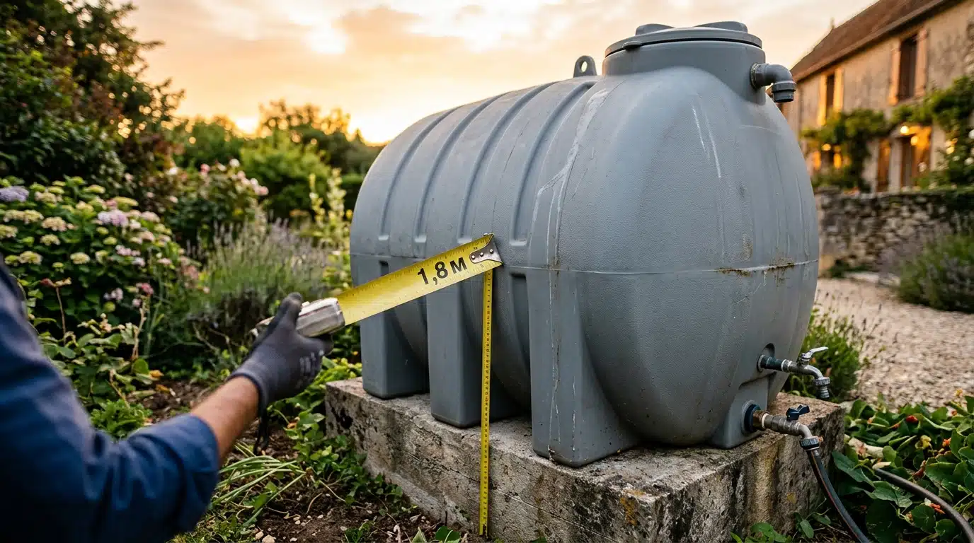Cuve d'eau de pluie mesurée en hauteur dans un jardin