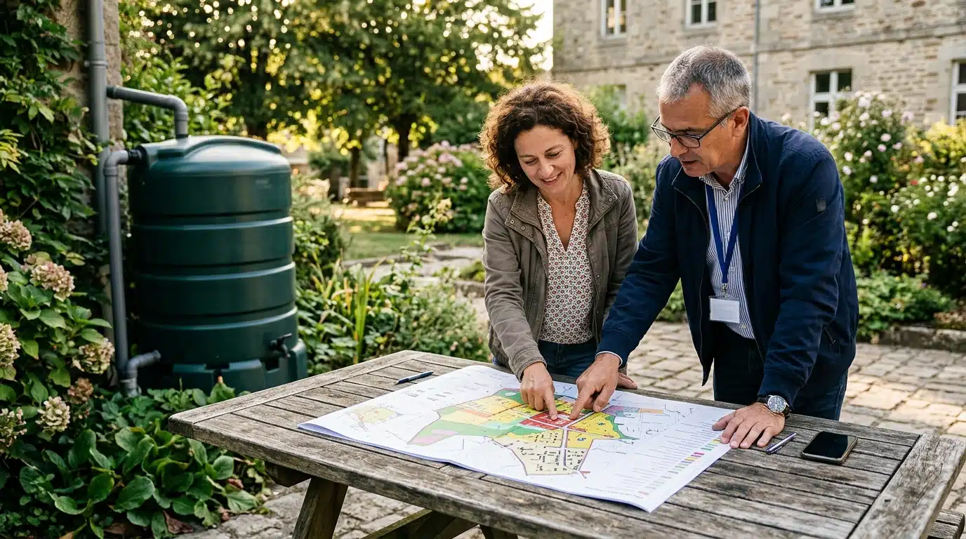 Propriétaire et agent d'urbanisme consultant le PLU ensemble