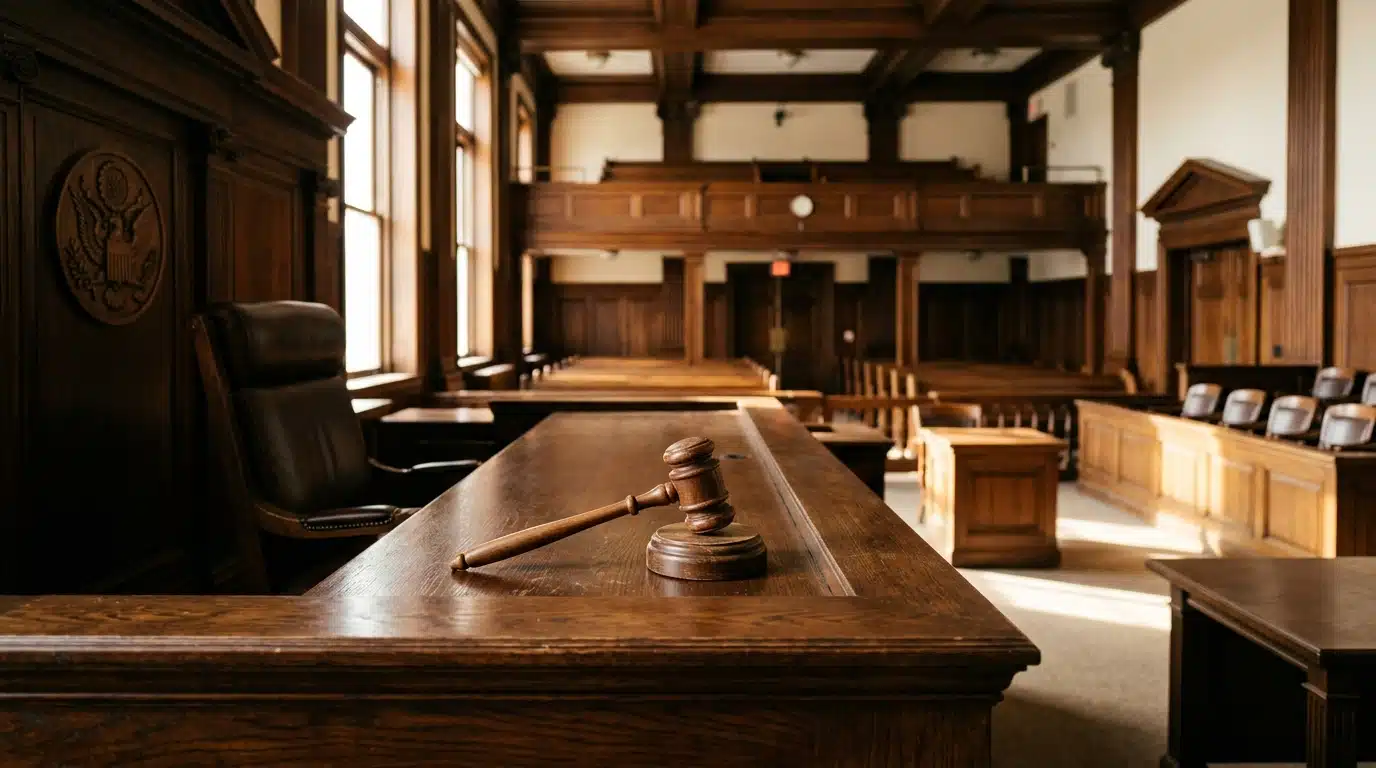 Marteau de juge posé sur un bureau de tribunal vide