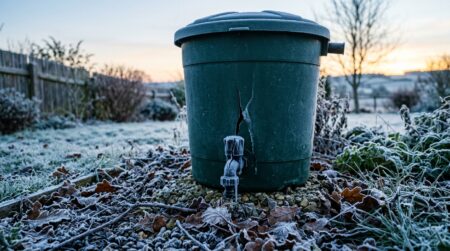Robinet fissuré par le gel sur cuve de récupération d'eau