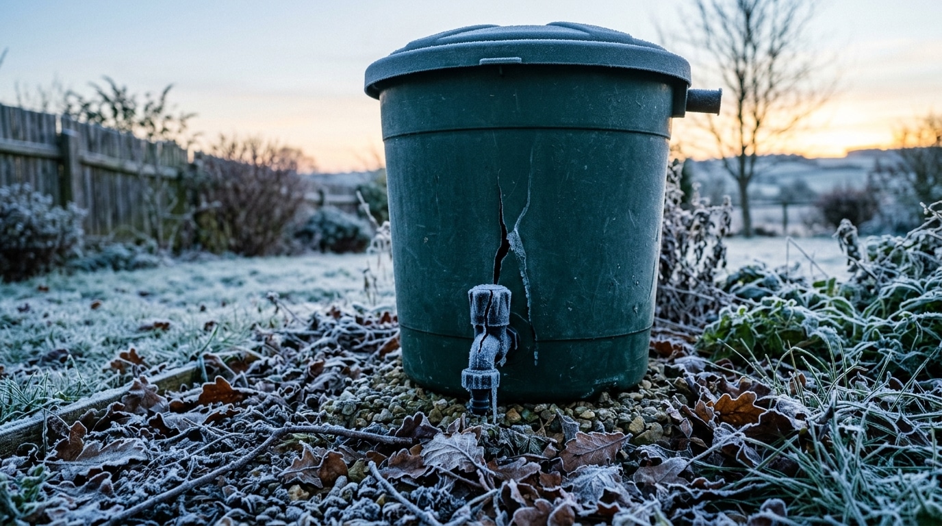 Robinet fissuré par le gel sur cuve de récupération d'eau